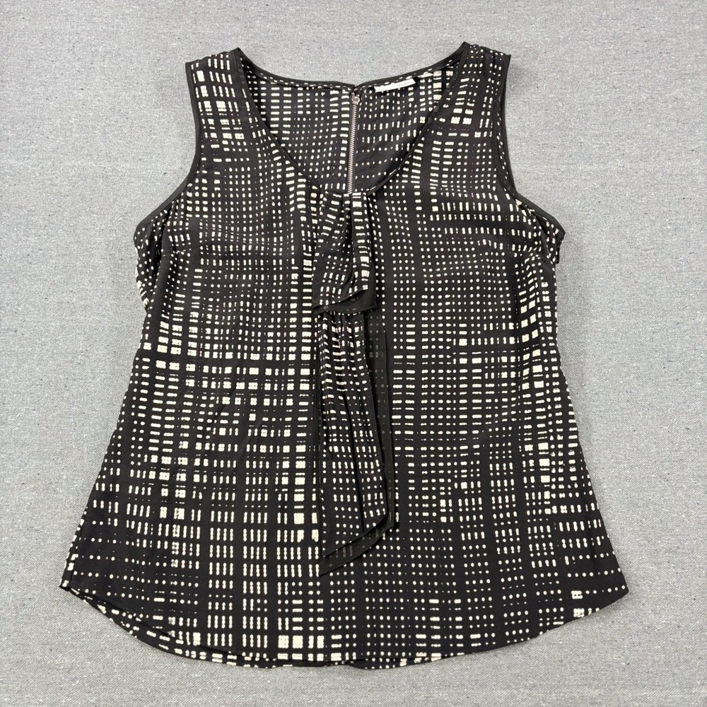 Halogen Silk Blouse Women Medium M Black Ivory Ruffle Geometric Sleeveless Top